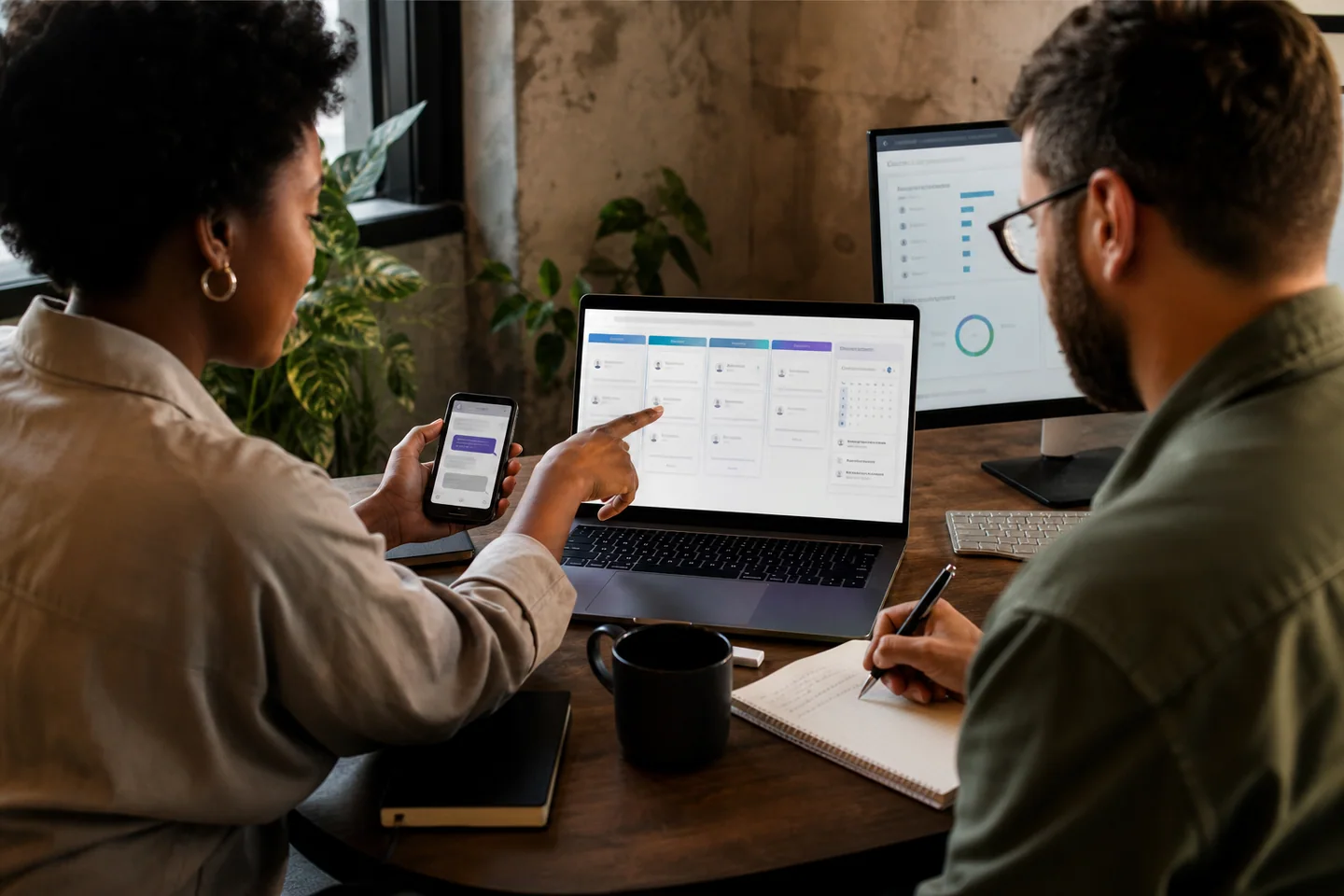 Marketing and sales colleagues reviewing an automated lead handoff and campaign performance