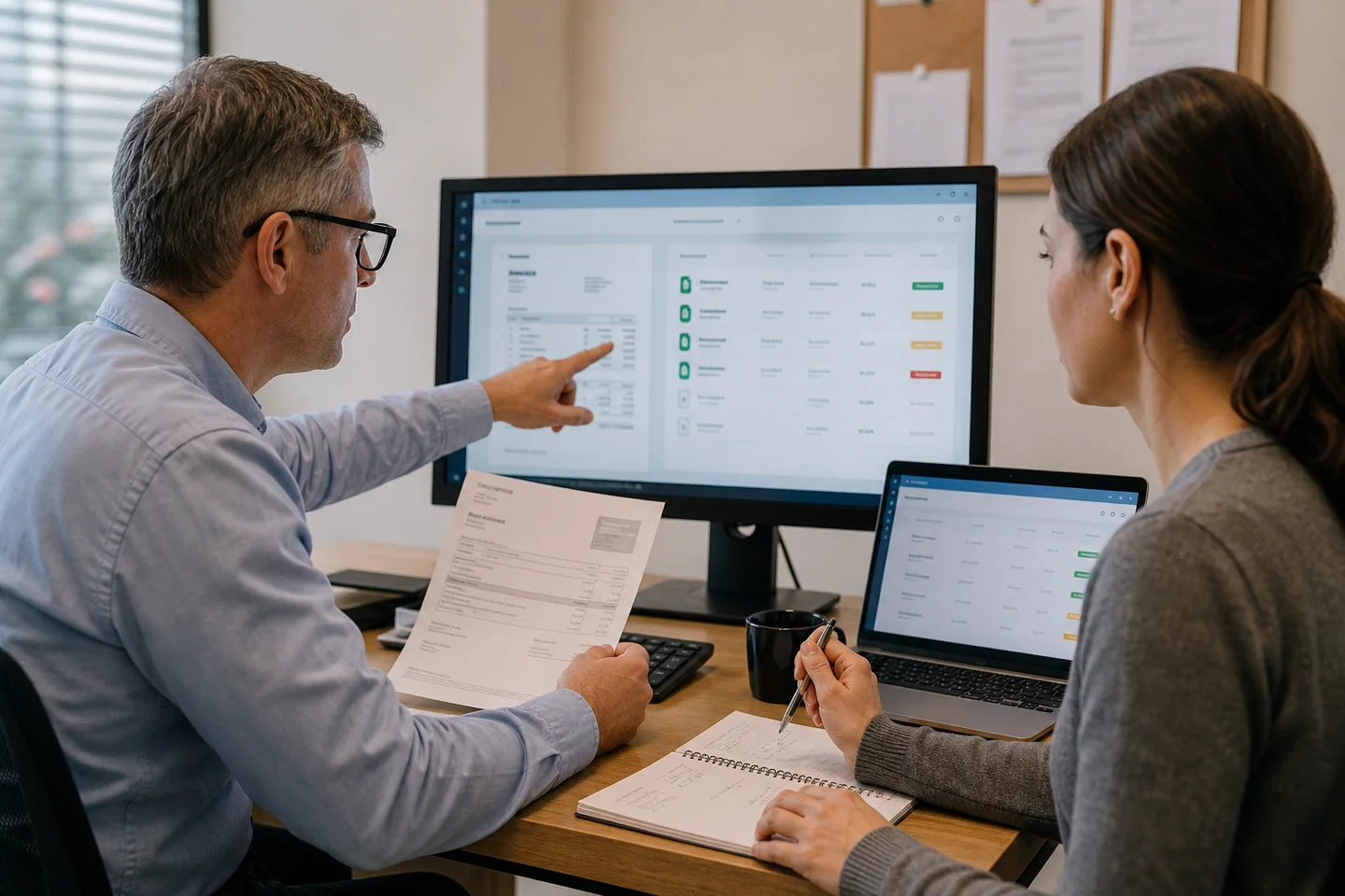Finance operations colleagues reviewing an automated invoice exception and approval