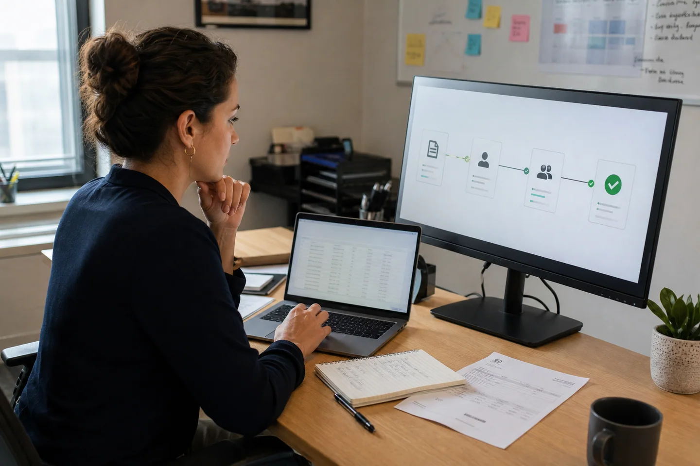 Finance operations specialist reviewing an automated invoice approval workflow