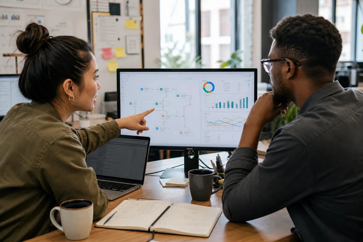 Marketing operations colleagues reviewing an automated lead-routing workflow and performance dashboard