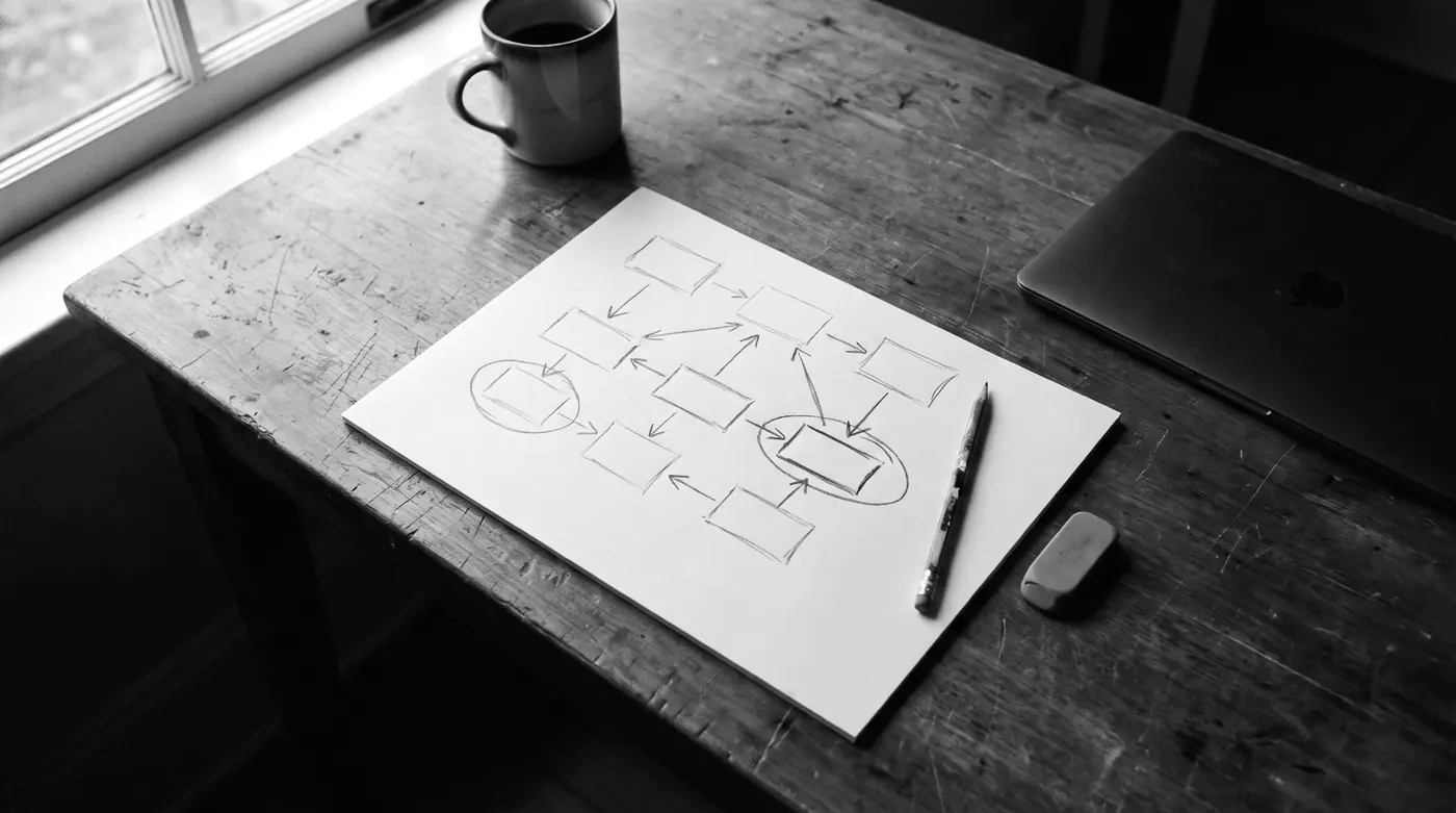 A worn wooden table in morning light with a hand-drawn process map on a large sheet of paper, two of its boxes circled in pencil, beside a closed laptop and a mug of coffee.