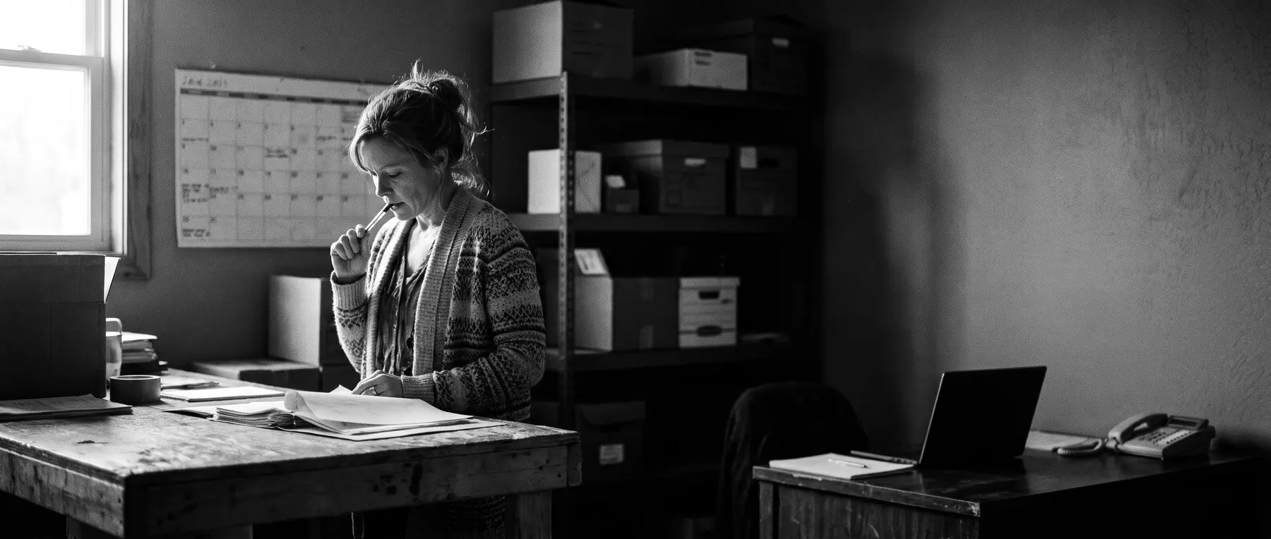 A woman stands at a worn wooden table in a small back office early in the morning, sorting a stack of paper delivery notes, a pen held between her teeth.