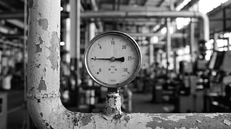 An analog pressure gauge on a painted factory pipe, its needle steady mid-dial, a blurred factory floor behind it.