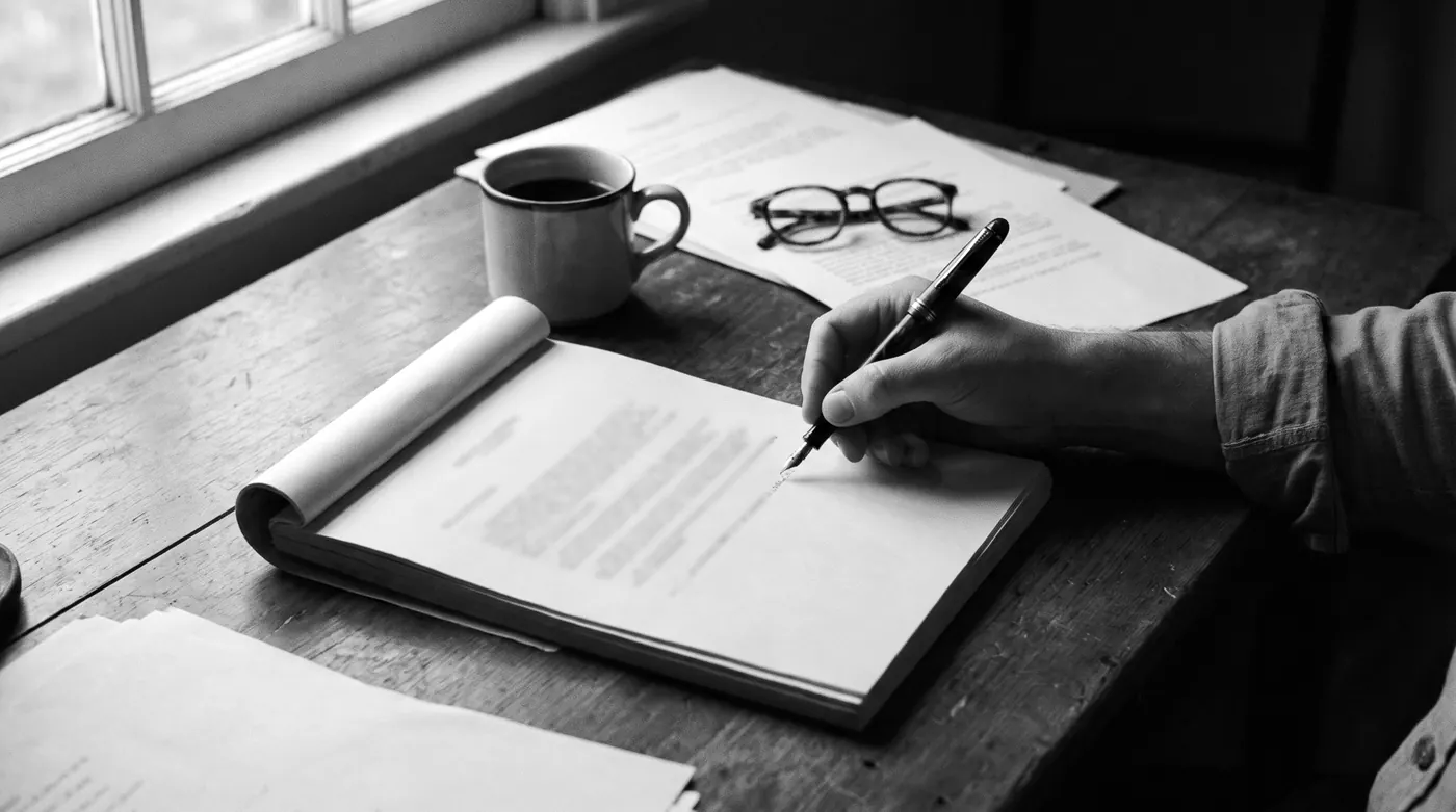 A hand writing with a fountain pen in a notebook on a wooden desk, printed pages, reading glasses and a cup of coffee beside it.