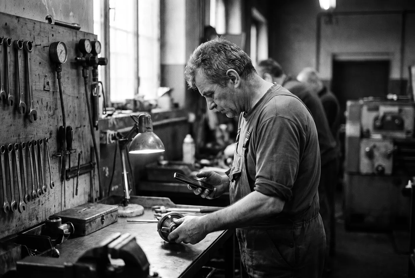In a machine workshop, a technician checks a part on his bench with a phone in his other hand, tools hanging on the pegboard behind him.