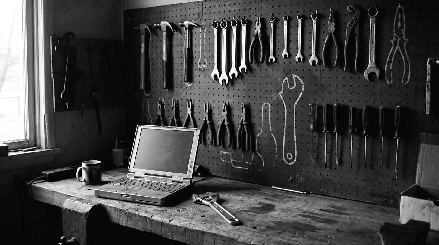 A workshop pegboard of hand tools, each hung over its painted outline, with one outline empty because that wrench lies on the bench below beside a laptop.