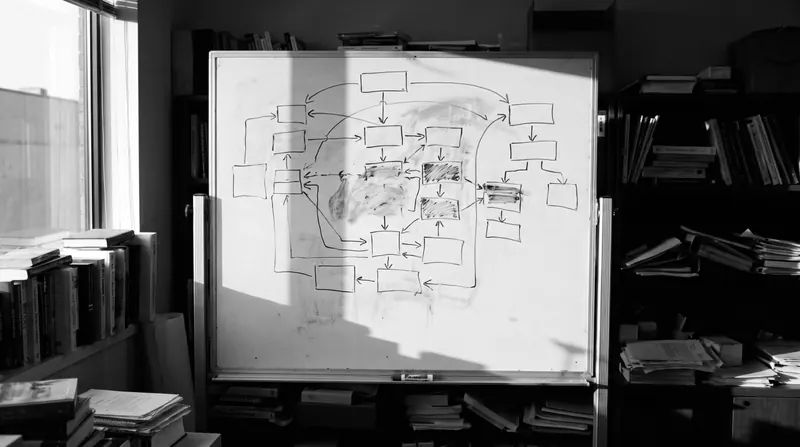 A whiteboard in a small office covered with a hand-drawn flowchart of boxes and arrows, part of it rubbed out and redrawn.